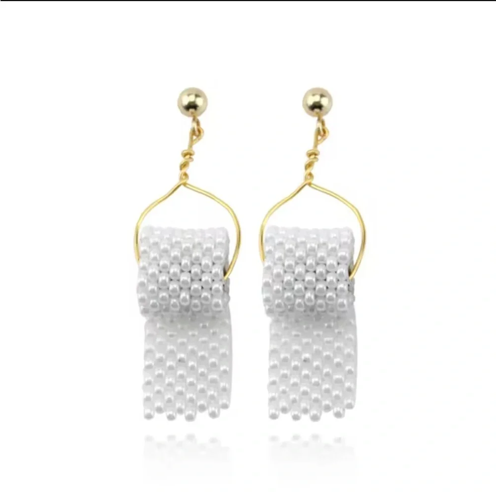 Party Toilet Paper Shape Gold and White Earrings